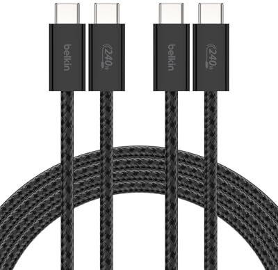 Belkin USB C to USB C Cable ​2-Pack, 6.6ft, 240W - Type C Charger, iPhone Charger Cord, Soft, Braided, Flexible for iPhone 17, Galaxy S25, Pixel 10, MacBook, Chromebook, iPad Pro, Switch – Black