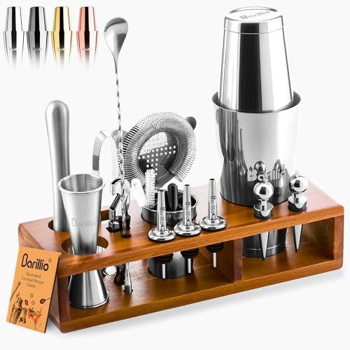 23-Piece Bartender Kit Cocktail Shaker Set by BARILLIO: Stainless Steel Bar Tools with Sleek Bamboo Stand, Velvet Carry Bag & Recipes Booklet…