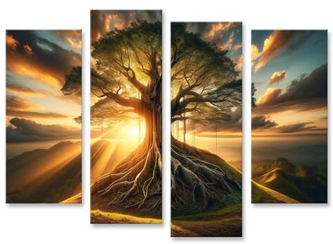 islandburner Quadro su tela Albero della vita alla luce del mattino maestoso in piedi su collina Immagini murali Poster