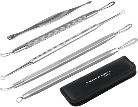 InstrumenteNrw Hautpflege-Tool Set - Komedonenquetscher Mitesser Entferner Pickel Entferner Set für Whitehead-Akne auf Nase und Gesicht - 5-Teilig aus Edelstahl mit Etui