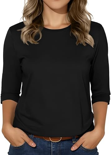 3/4 Sleeve Tops for Women Basic Crew Neck Spring Blouses Casual Fit Fall T Shirts A-Black