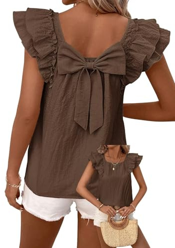 TUUHAW Camiseta Manga Corta Mujer Top con Cuello Redondo Verano Mangas De Volantes Casual Top con Lazo Blusa Elegante Túnica Holgadas​​ Marrón XL