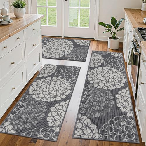 Vaukki Floral Kitchen Rug Sets of 3, Non Slip Kitchen Mats for Floor, Soft Machine Washable Kitchen Rug Runner, Farmhouse Kitchen Floor Carpet for Kitchen, Laundry (Grey, 20x32+20x48+20x59)
