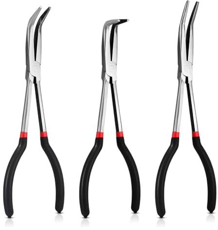 Flaroey Juego de 3 alicates de punta de aguja de 11 pulgadas, alicates de punta doblada de 25°, alicates de punta doblada de 45°, alicates de punta doblada de 90° para doblar hardware
