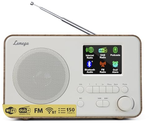LEMEGA IR1S Internetradio mit Podcast-Funktion & Bluetooth – DAB/DAB+, FM Radio, 150 Senderspeicher, Radiowecker, Kompaktes Küchenradio mit Farbdisplay, Netz- oder Batteriebetrieb, Walnuss