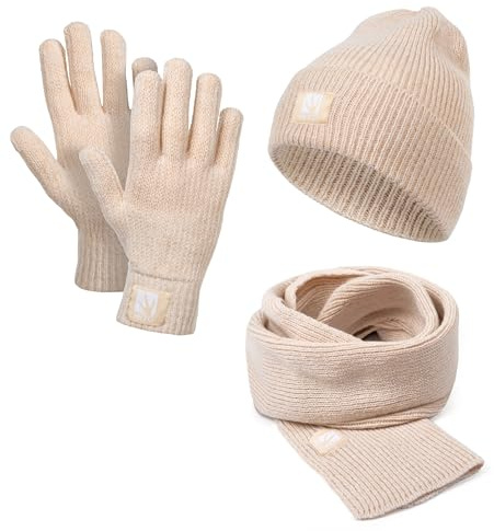 HEYO Damen Winter-Set | Strickmütze mit Umschlag, Schal & Handschuhe | Warme Beanie Strickschal Beige HZ0016 (Beige)