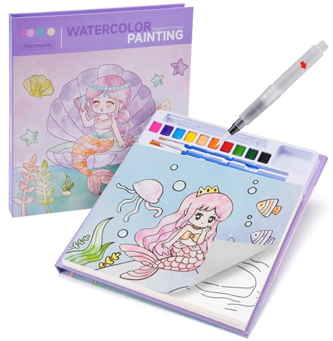 SKYYUE Malbuch mit Wasserfarben für Kinder, Watercolor Painting Book Kinder Meerjungfrau Aquarell Malset mit 2 Aquarellstifte 1 Wassertankpinsel Aquarell, Lernspielzeug für Kleinkinder ab 3-8 Jahren