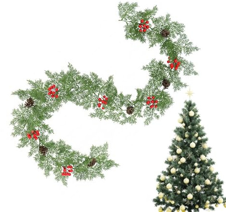 Guirnalda de pino artificial | Hiedra artificial de árbol ciprés con conos de bayas rojas 200 cm, decoración para puerta, mantel escalera, mesa interior, exterior, casa granja fiesta