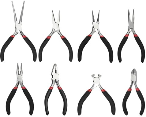 MospdyGear 8 Pcs Mini Pliers Set, Precision CRV Pliers for Crafting and Electronics, Includes Long Nose, Bent, Flat, Round, Side Cutting and End Cutting Pliers