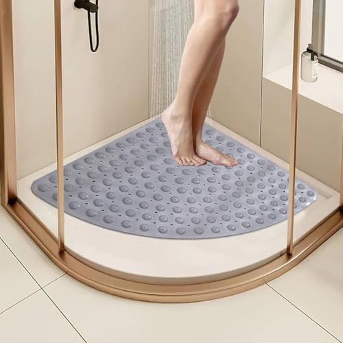 Stowetry 65 x 65 cm Corner Shower Mat Non Slip Anti Mould, Large Rubber Curved Shower Mat, Soft Curved Bath Mats for Inside Shower with Drain Hole Massage,Machine Washable (grey)