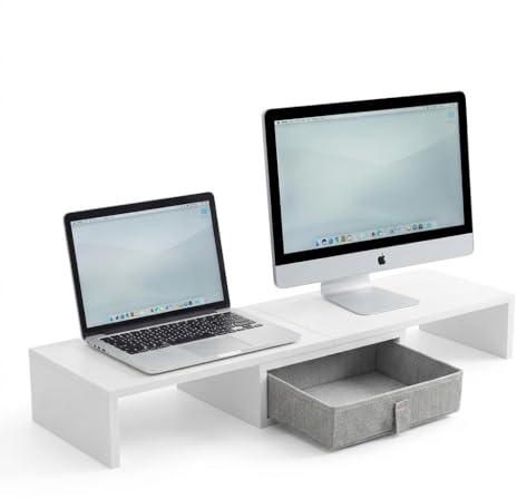 FurnitureR Support sur-Élévateur de Bureau Multifonction avec Tiroir, Modulable & Ajustable, Réhausseur pour Ordinateur Portable, Plateforme Lapdesk Maison & Bureau, Design Moderne et Élégant, Blanc