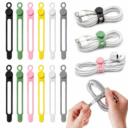 Silicone Cable Organiser Straps, Reusable Elastic Cable Ties for USB Cables, Phone Chargers, Earphones & Wires, Multi-Colour Cord Management Wraps for Home Office Travel (12 PCS)