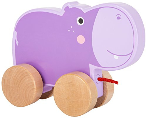 small foot 10611 Ziehspielzeug aus Holz mit niedlichem, lilafarbenden Hippo auf Vier naturbelassenen Rädern und Langer Schnur zum Hinterherziehen