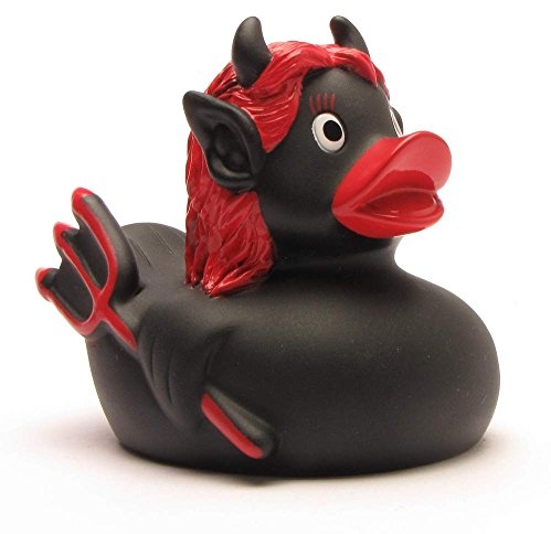 Duckshop I Badeente Teuflin schwarz I Quietscheente I L: 8 cm I inkl. Quietscheentchen -Schlüsselanhänger im Set I Geschenk Geburtstag I Präsent Sammler