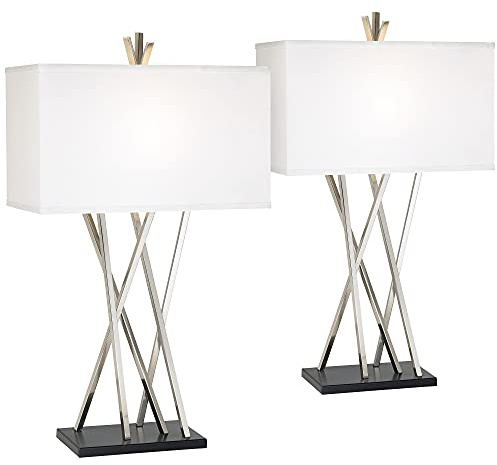 Possini Euro Design Asymmetry 30 Tall Large Modern End Table Lamps Set of 2 Silver Brushed Steel Finish Metal Linen White Shade Living Room Bedroom Bedside Nightstand House Office Home Reading
