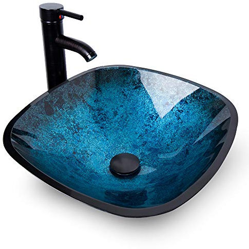 YOURLITE Badezimmer-Waschbecken, Spüle mit Wasserhahn und Ablauf-Kombination, blaues gehärtetes Glas, Waschbecken für Badezimmer