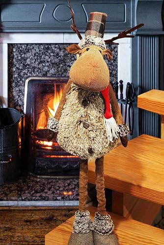 KAMACA XL Weihnachts-Elch Dekofigur mit ausziehbaren Teleskop-Beinen Stofffigur mit Fell, Schal & Mütze stehende Weihnachtsdeko für Treppe Wohnzimmer Eingang Geschenk (XL Teleskop Elch 98 cm)