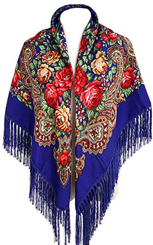 Gudessly Women's Traditional Scarf Wrap Tassel Fringes Neck Head Shawl Retro Scarf Floral Poncho Printing Square Cape 50inch