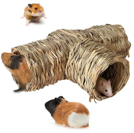 Hamiledyi Hamster Grass Tunnel Toy Nature's Hideaway Straw House with Open Entrance Guinea Pig Tunnel and Tube Home for Hamsters Rats Ferrets Guinea Pigs Chinchillas Hedgehogs and Birds