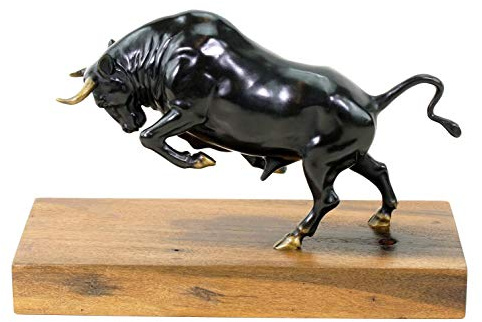Kunst & Ambiente - Limitierte Bronzeskulptur auf Schiffsbohle - Signierte Plastik von Martin Klein - Stier/Bulle/Börse - Tierskulptur - Deko - Höhe: 22,5 cm - Breite: 31,5