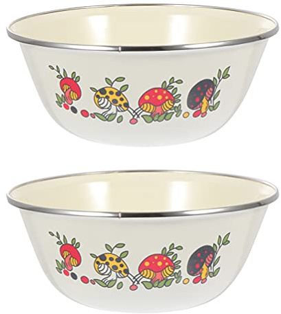 BESTonZON 2Pcs Eisen Emaille Mischen Schüssel Küche Salat Schüssel Pilz Muster Lebensmittel Teller Haushalt Geschirr für Wüste Nudeln 18CM