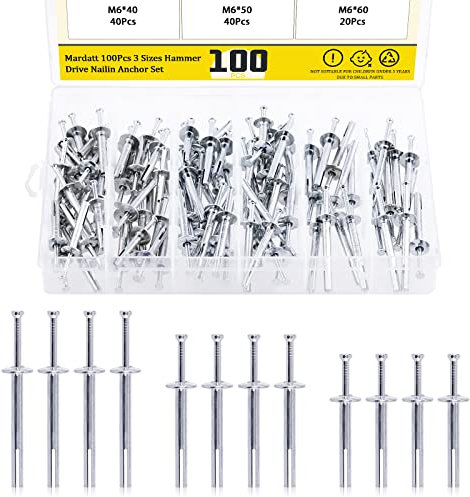 Mardatt 100 Pcs M6 Hammer Drive Nail Set, M6*40/50/60mm Metal Mushroom Head Anchor Drive Expansion Nail Fastener Rivet for Concrete Drywall