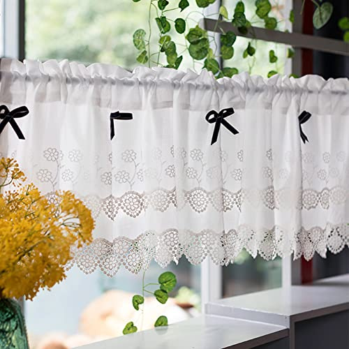 Ricemru Weiß Bistrogardine Landhausstil Vintage Shabby mit Häkelspitze Quasten Scheibengardine Küche Kurzgardinen Kurzstores Gardinen Halbe Fenster Vorhänge 1 Stück,200x40cm