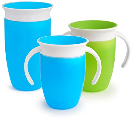 Munchkin Miracle 360 Toddler Sippy Cups, 6 Months and 1 Year Old, Spill Proof, 7 and 10 Ounce, 3 Pack, Blue/Green