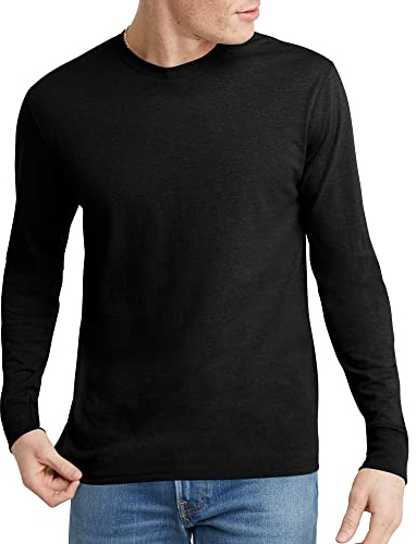 Hanes Originals långärmad T-shirt för män, lätt treblandad jerseytröja för män, finns i lång modell, Svart, XXL