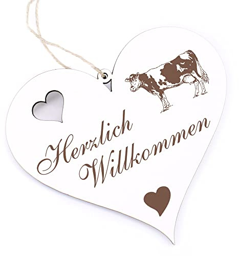 Herzlich Willkommen Schild - Kuh - Deko Herz Holz Willkommensschild Türschild Dekoschild Türdeko
