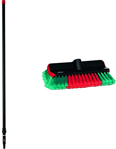 Vikan 297552 Aluminium Telescopic Handle, Black, 32 mm Diameter, 1575 mm Length, 278 x 3.2 x 3.2 cm & 524752 Washing Brush, Water Fed, High/Low, Soft/Split, Black