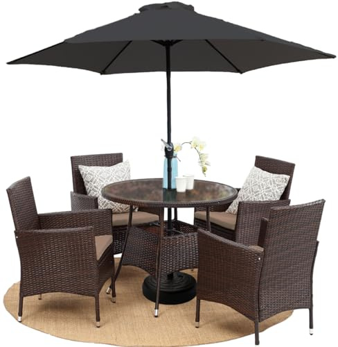 GOODS EMPORIUM 4 Seater Rattan Garden Dining Set - 5 Piece - Indoor, Outdoor, Patio, Conservatory Armchairs & Round Parasol/umbrella Table (Dark Brown Mixed with Parasol & Base)