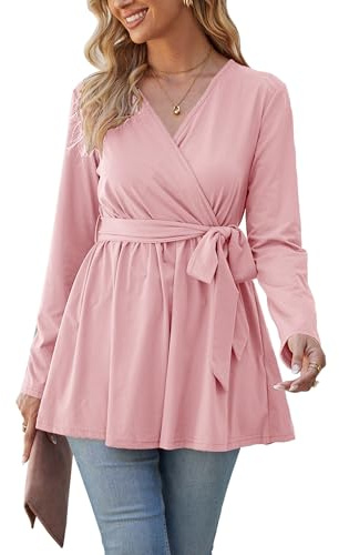 OUGES Women's Maternity Tunics Tops Shirts Long Sleeve Wrap V Neck Nursing Maternity Clothes Casual Pregnancy Blouse(Pink,M)
