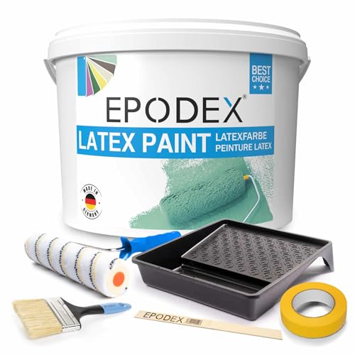 EPODEX® Latexfarbe Matt | | Abriebfest | Abwaschbar | Strapazierfähig | Geruchsarm | Hohe Deckkraft | + Zubehörset | 45 Farben Polar Weiß Bunt Farbig 1-50Kg