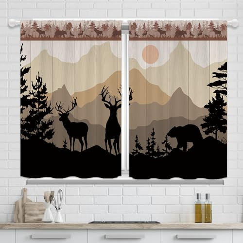 Tende Yorida da cucina rustiche con renna di cervo della foresta, fattoria, in legno, piccole tende corte per finestre da caffè, tramonto retrò, per bagno, 60 x 90 cm