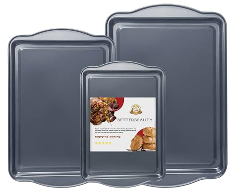 BETTERBEAUTY Cookie Sheets for Baking, Nonstick Banking Pans Set of 3 with Wide Edge, Half/Jelly Roll/Quarter Baking Tray, Dishwasher Safe Easy Clean for Kitchen Oven Pan Bakeware Set