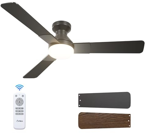 Amico Ceiling Fans with Lights, 52 inch Low Profile Ceiling fan with Light and Remote Control, Flush Mount, Reversible, 3CCT, Dimmable, Noiseless, Black Ceiling Fan for Bedroom, Indoor/Outdoor Use