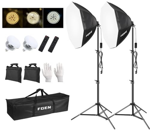 Softbox Lighting Kit,FGen 135W LED Bulb Softbox with Ruggedised Tripod and Remote Control Dimmable 3000-6500K 3 Colour Temperatures Suitable for Studio Lighting,Photo Shoots and Video Recording