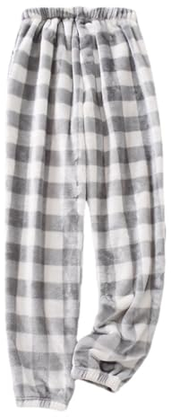 ZIKGER Kuschelig karierte Damen-Pyjamahose, flauschig warme Fleecehose im Winter, wattierte Fleece-Jogginghose mit Taschen, locker sitzende Jogginghose für zu Hause (graues gebündeltes Bein, L)