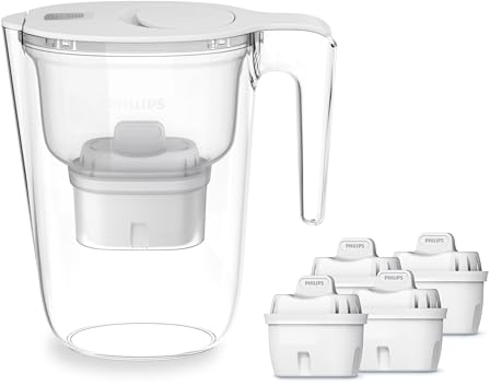 Philips Water Carafe filtrante avec 4 cartouches de remplacement, minuterie électronique, débit rapide, filtre le CHLORE, le CALCAIRE, les MÉTAUX LOURDS et les MICROPLASTIQUES, capacité de 2.6 L