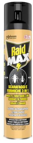 Raid Max Scarafaggi e Formiche 3 in 1, Spray Insetticida, Efficace per 4 Settimane, 1 Confezione da 300ml