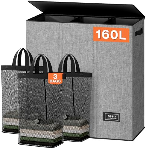 SOLEDI 160L Tvättkorg, tvättsamlare 3 fack med lock och 3 tvättpåsar - Tvättsorterare Stor XXXL För badrum, sovrum, tvättstuga, barnrum