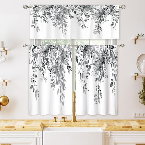 oolygoo Grå eukalyptus botaniska löv små korta köksgardiner bondgård blomma fönster gardiner kappa och nivåuppsättning 3 delar 91 cm nivå behandling gardin boho café gardiner för badrum