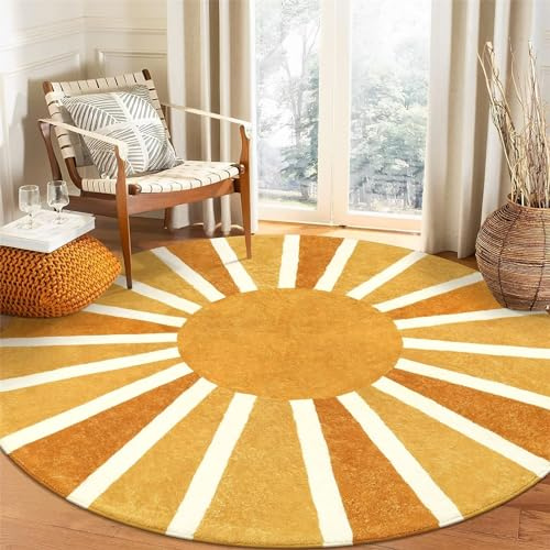 Herfair Boho Runde Teppich Waschbar rutschfest Fläche Teppich Weiche Sofa Kinderzimmer Teppiche Regenbogen Sonne drucken Teppich für Schlafzimmer Wohnzimmer (A,160X160CM)