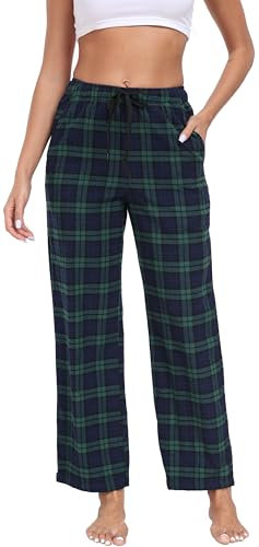goodmansam Pantalon de Pyjama Long à Carreaux Pour Femme 100% Coton Bas de Pyjama Chaud Vêtements de Pantalon de Doux Loisirs Légeravec Poches et Cordon de Serrage, Bleu et Vert, M
