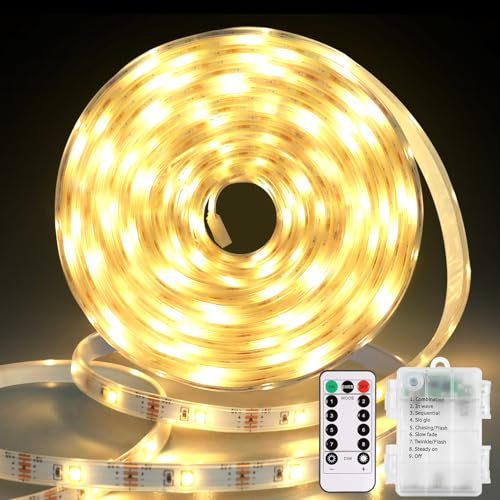 3M 90 LED Bande lumineuse à piles avec télécommande, couverte étanche avec minuterie, bande lumineuse autocollante découpable pour télévision, cuisine, décoration extérieure(blanc chaud）