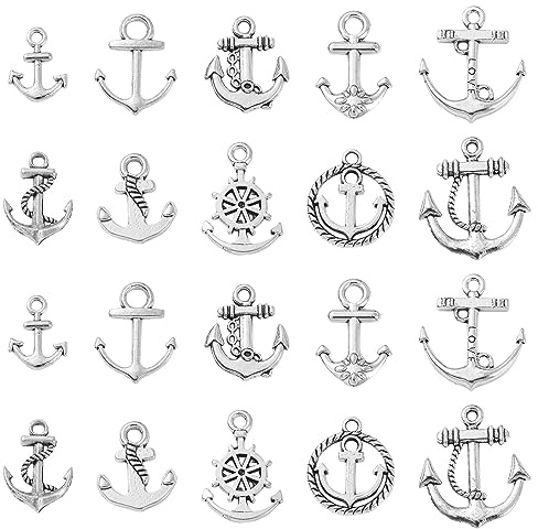 Ornazy 100 pcs 10 Styles Tibetan Nautical Anchor Charms Antique Sliver Rudder Charm Vintage Sailor Charms for Necklace Bracelet Jewellery Making
