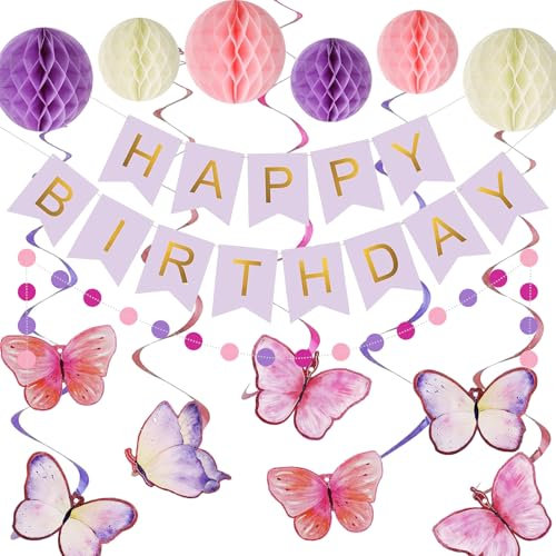 milaosk Geburtstagsdeko Mädchen,Schmetterling Deko Geburtstag mit Wabenball Hängende Wirbel Luftschlangen Kreis Rosa Happy Birthday Girlande Banner Birthday Decorations Geburtstag Deko Mädchen Frauen