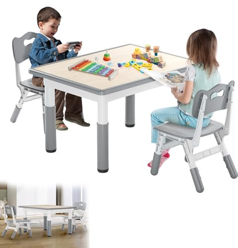 YRHome 80x60cm Kindertisch mit 2 Stühlen Kindersitzgruppe Höhenverstellbar Kindersitzgarnitur Picknicktisch Kindermöbel Sitzgruppe für Jungen Mädchen ab 2 Jahren Grau