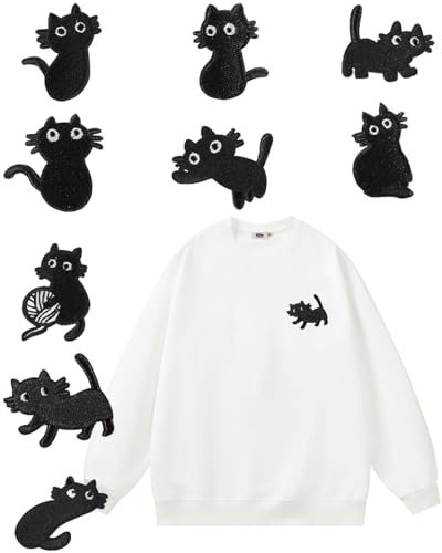 UYRVAPE 9pcs Aufnäher zum Aufbügeln - Süße Schwarze Katze Kratzt und Hält Sich Fest Bügelbild Applikation